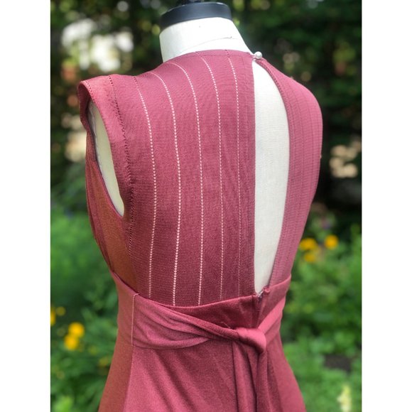 Vtg 70s Puce Rose Pointelle Knit V-Neck Tie Waist Open Back Maxi Disco Gown S/M - Picture 12 of 17